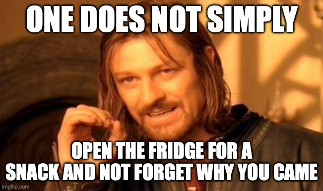 One Does Not Simply | ONE DOES NOT SIMPLY; OPEN THE FRIDGE FOR A SNACK AND NOT FORGET WHY YOU CAME | image tagged in memes,one does not simply | made w/ Imgflip meme maker