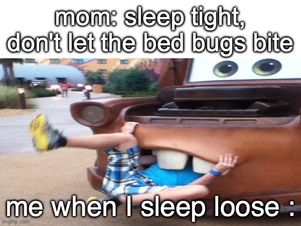 mom: sleep tight, don't let the bed bugs bite; me when I sleep loose : | image tagged in you really read tags | made w/ Imgflip meme maker