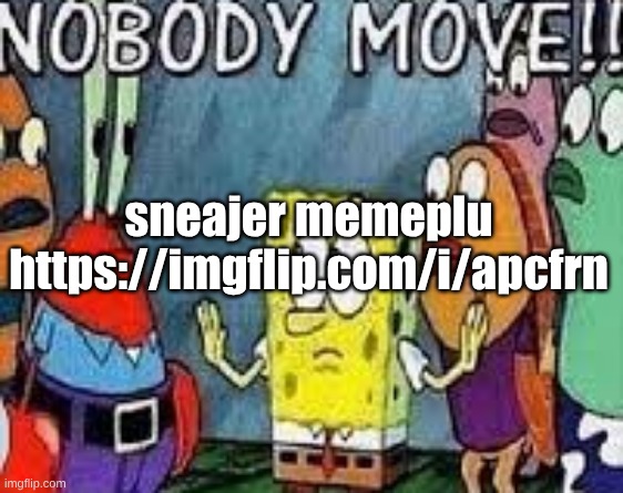 NOBODY MOVE!! | sneajer memeplu
https://imgflip.com/i/apcfrn | image tagged in nobody move | made w/ Imgflip meme maker