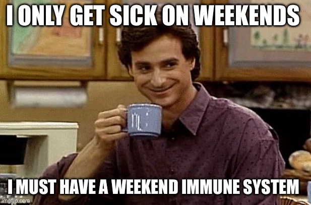 Part one of 5 dad jokes a day  day 1 of two | I only get sick on weekends; I must have a weekend immune system | image tagged in dad joke | made w/ Imgflip meme maker