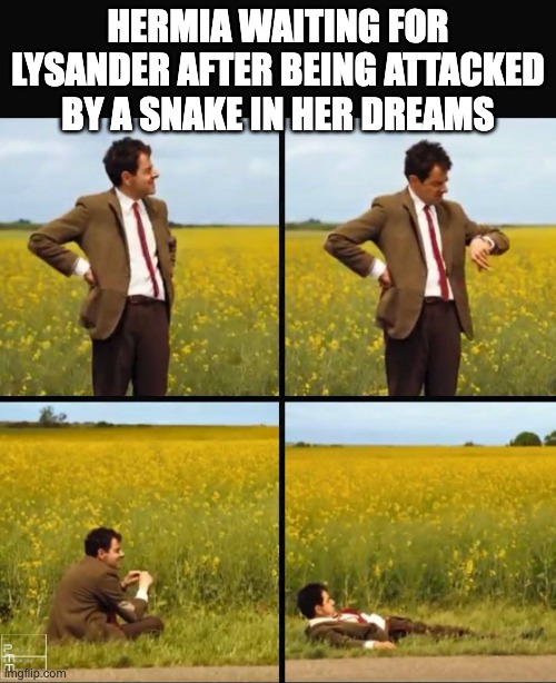 School | Hermia waiting for Lysander after being attacked by a snake in her dreams | image tagged in mr bean waiting | made w/ Imgflip meme maker
