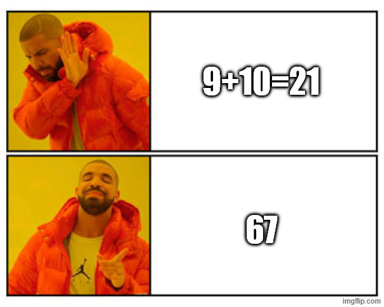 21 vs 67 | 9+10=21; 67 | image tagged in no - yes | made w/ Imgflip meme maker