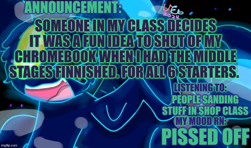 To put it lightly it took me 2-3 HOURS to do each or 12-18 hrs to do all of them... Not a single one was saved down. Not one. | SOMEONE IN MY CLASS DECIDES IT WAS A FUN IDEA TO SHUT OF MY CHROMEBOOK WHEN I HAD THE MIDDLE STAGES FINNISHED. FOR ALL 6 STARTERS. People sanding stuff in shop class; PISSED OFF | image tagged in marshumero | made w/ Imgflip meme maker