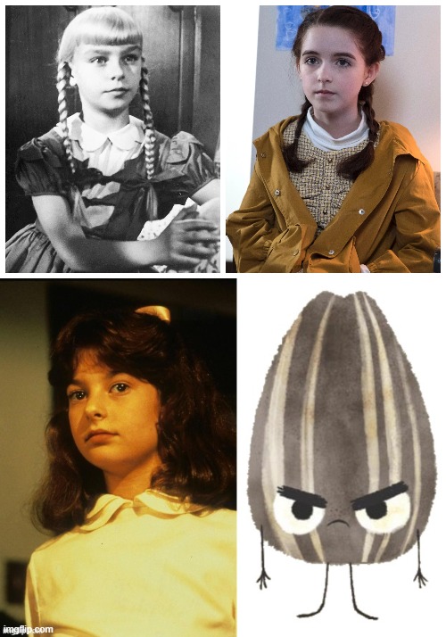 Four Bad Seeds | image tagged in the bad seed,patty mccormack,mckenna grace,carrie wells,jory john,collage | made w/ Imgflip meme maker