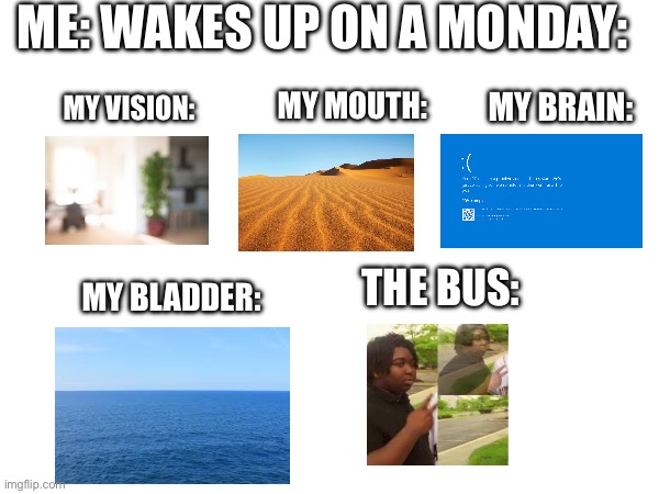 Relatable? | Me: wakes up on a Monday:; My vision:; My mouth:; My brain:; The bus:; My bladder: | image tagged in relatable,relatable memes,memes,scumbag | made w/ Imgflip meme maker