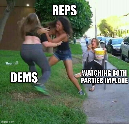 Reps and Dems Imploding | Reps; Watching both parties implode; Dems | image tagged in watching them fight,republicans,democrats,politics,political parties | made w/ Imgflip meme maker