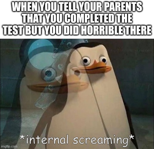 school | when you tell your parents that you completed the test but you did horrible there | image tagged in private internal screaming,fun,relatable,memes,penguins of madagascar | made w/ Imgflip meme maker