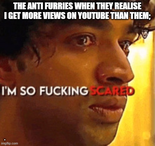 I’m so fucking scared | the anti furries when they realise i get more views on youtube than them;; . | image tagged in i m so fucking scared | made w/ Imgflip meme maker