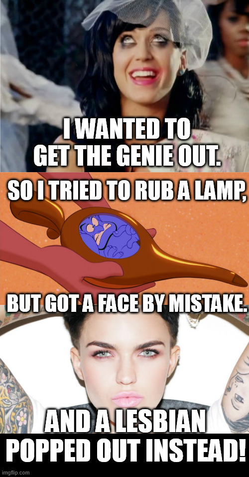 When you want a genie, but hit a face by accident - and end up with a dayc. | I wanted to get the genie out. So I tried to rub a lamp, But got a face by mistake. And a lesbian popped out instead! | image tagged in katy perry hot and cold,aladdin genie phenomenal cosmic power itty bitty living space,ruby rose,lesbians,funny,memes | made w/ Imgflip meme maker