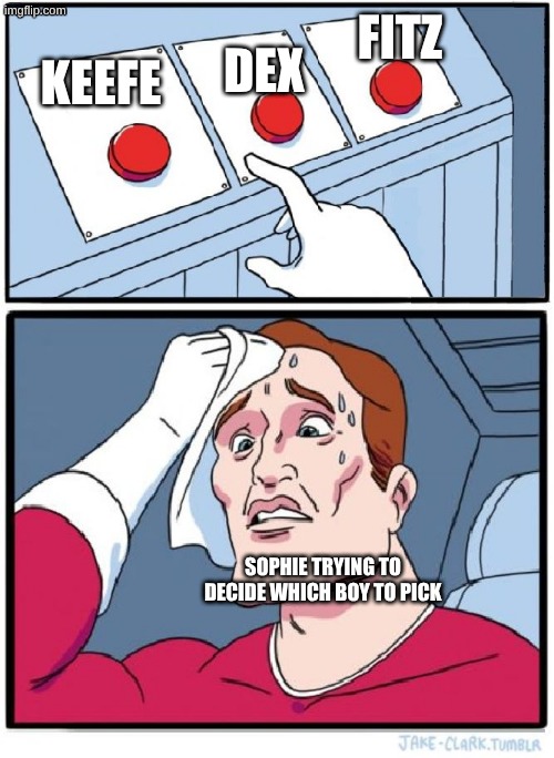 Three Buttons | fitz; dex; keefe; Sophie trying to decide which boy to pick | image tagged in three buttons | made w/ Imgflip meme maker
