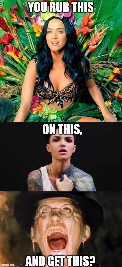 How did we come to this? I don't get how this happened... | you rub this; on this, and get this? | image tagged in ruby rose,rubbing,funny,memes,katy perry,funny memes | made w/ Imgflip meme maker