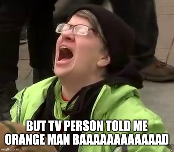 Crying liberal | But TV person told me orange man baaaaaaaaaaaad | image tagged in crying liberal | made w/ Imgflip meme maker