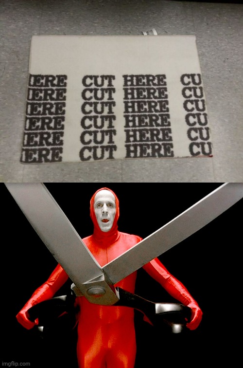 "Cut here" | image tagged in big lebowski scissors,rug,floor,floor mat,memes,you had one job | made w/ Imgflip meme maker