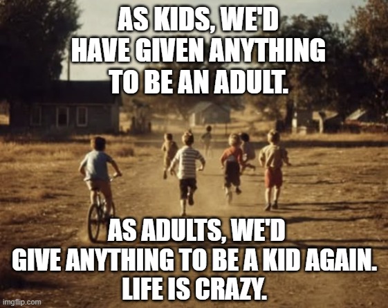 To Be a Kid Again | As kids, we'd have given anything to be an adult. As adults, we'd give anything to be a kid again. 
Life is crazy. | image tagged in kids,adulting,fun,time,time travel,life | made w/ Imgflip meme maker