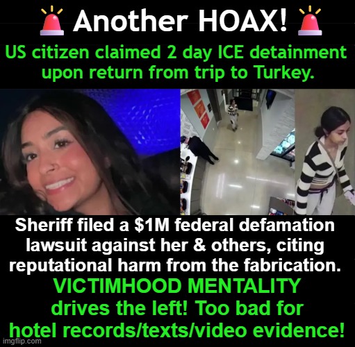 Sundas Naqvi checked into a Hampton Inn, stayed for days enjoying spa treatments, gym access, & free food! | 🚨Another HOAX!🚨; US citizen claimed 2 day ICE detainment 
upon return from trip to Turkey. Sheriff filed a $1M federal defamation 
lawsuit against her & others, citing 
reputational harm from the fabrication. VICTIMHOOD MENTALITY 
drives the left! Too bad for 
hotel records/texts/video evidence! | image tagged in hoax,liberals,lying,victims,lawsuit,evidence | made w/ Imgflip meme maker