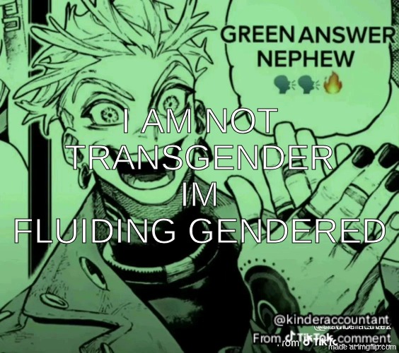 green answer nephew | I AM NOT TRANSGENDER IM FLUIDING GENDERED | image tagged in green answer nephew | made w/ Imgflip meme maker