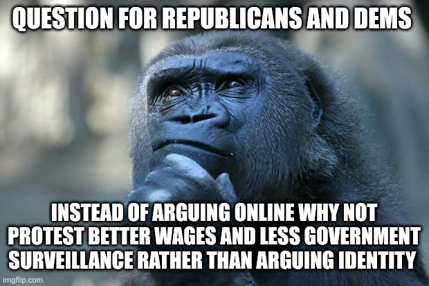 90% of media in america is owned by 6 corporations, Cnn Fox, only tell you what they want you to know | question for Republicans and Dems; Instead of arguing online why not protest better wages and less government surveillance rather than arguing identity | image tagged in deep thoughts | made w/ Imgflip meme maker