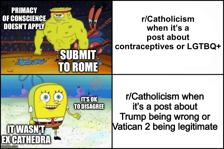 strong spongebob | Primacy of Conscience doesn’t apply; r/Catholicism when it’s a post about contraceptives or LGTBQ+; Submit to Rome; r/Catholicism when it’s a post about Trump being wrong or Vatican 2 being legitimate; It’s ok to disagree; It wasn’t ex cathedra | image tagged in strong spongebob | made w/ Imgflip meme maker