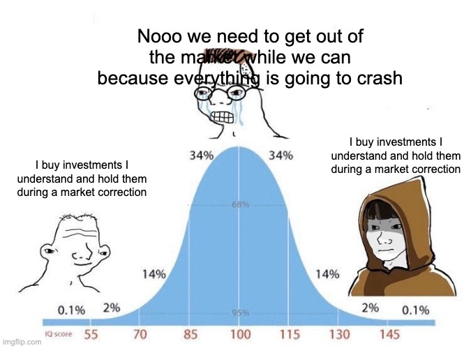 Bell Curve | Nooo we need to get out of the market while we can because everything is going to crash; I buy investments I understand and hold them during a market correction; I buy investments I understand and hold them during a market correction | image tagged in bell curve | made w/ Imgflip meme maker