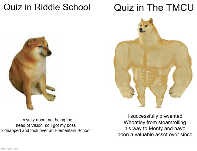 Canon vs Fanon: Quiz | Quiz in Riddle School; Quiz in The TMCU; I'm salty about not being the head of Vision, so I got my boss kidnapped and took over an Elementary School; I successfully prevented Wheatley from steamrolling his way to Monty and have been a valuable asset ever since | made w/ Imgflip meme maker
