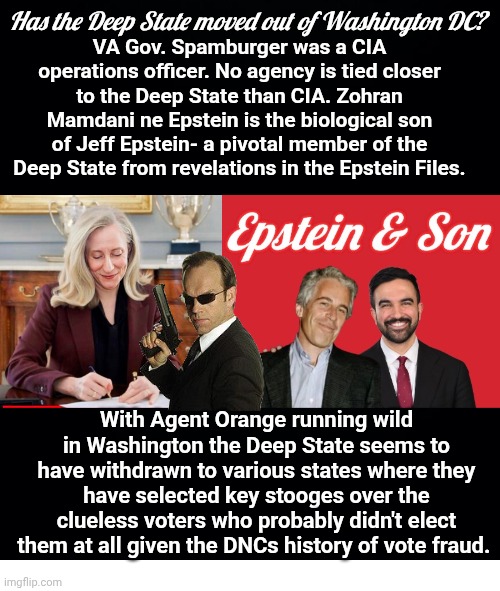 Did the Deep State move out of DC? | VA Gov. Spamburger was a CIA operations officer. No agency is tied closer to the Deep State than CIA. Zohran Mamdani ne Epstein is the biological son of Jeff Epstein- a pivotal member of the Deep State from revelations in the Epstein Files. Has the Deep State moved out of Washington DC? With Agent Orange running wild in Washington the Deep State seems to have withdrawn to various states where they have selected key stooges over the clueless voters who probably didn't elect them at all given the DNCs history of vote fraud. | image tagged in epstein son,marx chad,spam,burger | made w/ Imgflip meme maker