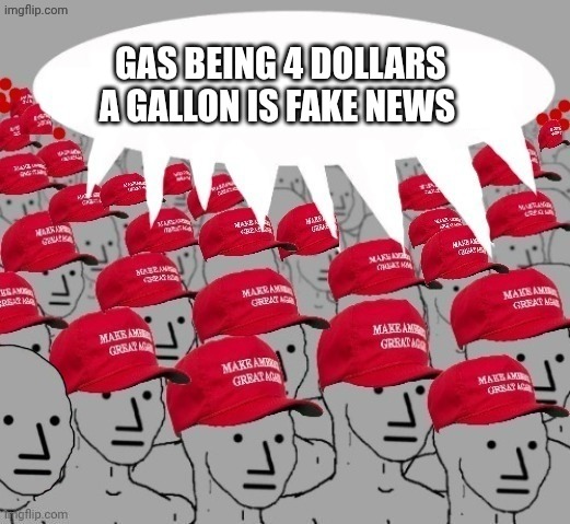 Trump after saying the media is lying about gas prices | Gas being 4 dollars a gallon is fake news | image tagged in maga npc redhats | made w/ Imgflip meme maker