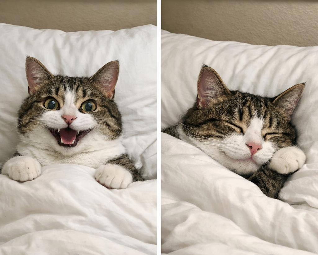 gato chistoso en la cama despierto y dormido Blank Meme Template