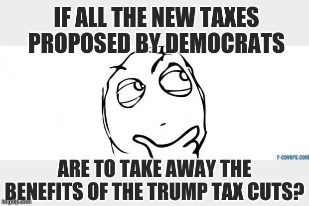 I Wonder... | If all the new taxes proposed by Democrats; Are to take away the benefits of the Trump tax cuts? | image tagged in wondering meme,democrats,take,tax refund,politics,memes | made w/ Imgflip meme maker