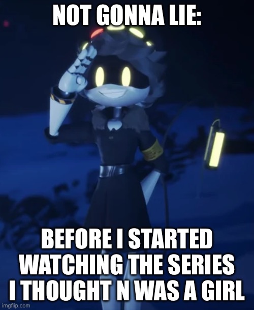 Pls dont hate me | Not gonna lie:; Before i started watching the series i thought N was a girl | image tagged in n salutes | made w/ Imgflip meme maker