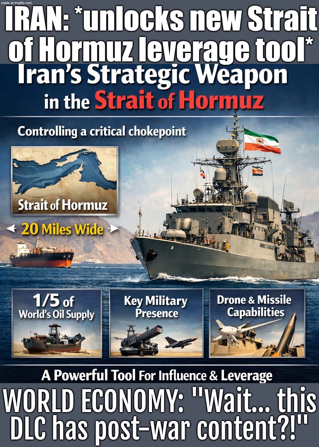 IRAN: "I DON’T NEED TO WIN THE WAR…"; …I JUST NEED TO MAKE THE STRAIT OF HORMUZ A PERMANENT PROBLEM FOR YOUR ECONOMY. | IRAN: *unlocks new Strait of Hormuz leverage tool*; WORLD ECONOMY: "Wait… this DLC has post-war content?!" | image tagged in us israel iran war world war 3 dlc,war,world war 3,trump lies,oil,iran | made w/ Imgflip meme maker