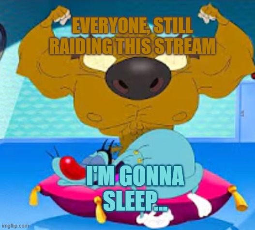 HONK-SHOOOOOO! | Everyone, still raiding this stream; I'm gonna sleep... | image tagged in buff zig protecting sleeping oggy | made w/ Imgflip meme maker