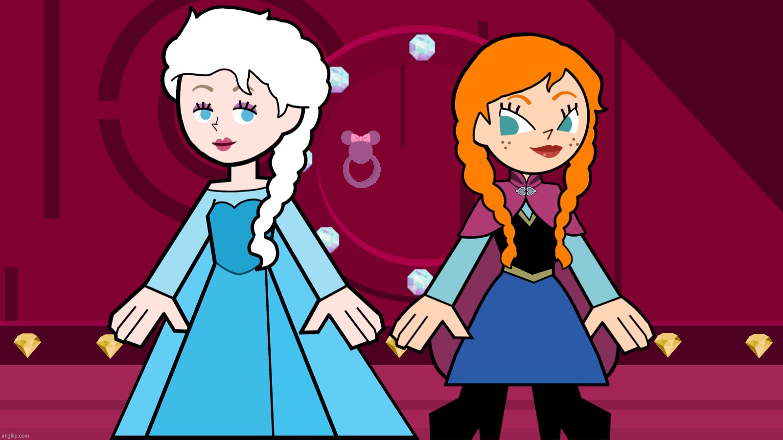 Elsa and Anna (in Hero 108 Style) | image tagged in hero 108 - gemstone pink princess room,frozen,disney princess,elsa,anna,hero 108 | made w/ Imgflip meme maker