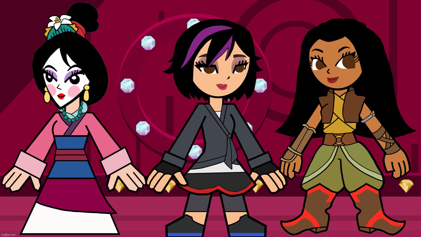 Mulan GoGo and Raya in Hero 108 Style | image tagged in hero 108,gemstone pink princess room hero 108,hero 108 - gemstone pink princess room,disney,princess,disney princess | made w/ Imgflip meme maker