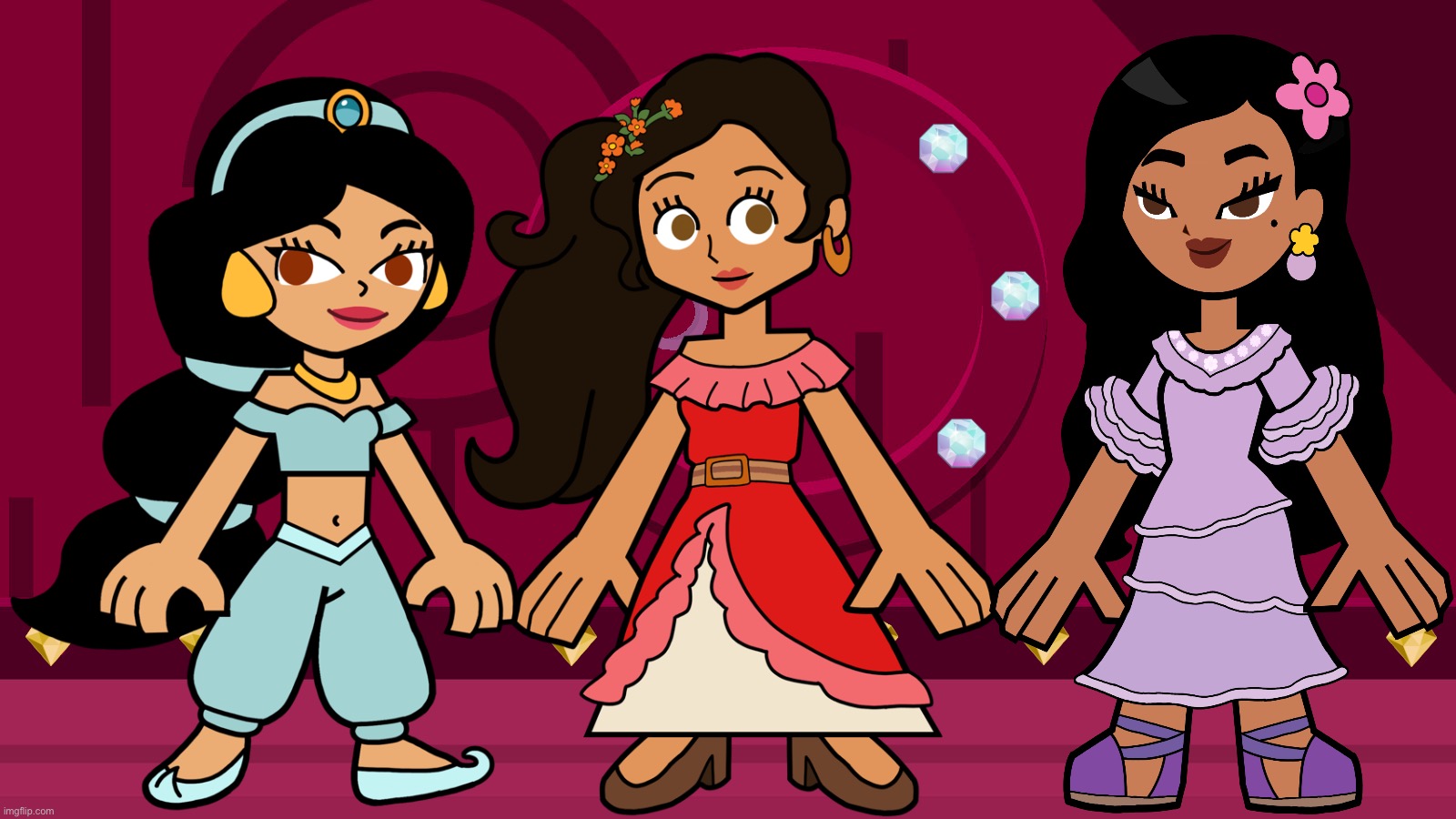 Jasmine Elena and Isabela in Hero 108 Style | image tagged in hero 108,hero 108 - gemstone pink princess room,gemstone pink princess room hero 108,disney princess,disney,princess | made w/ Imgflip meme maker