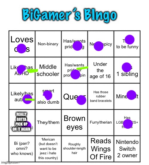 Why can't I get a bingo? I need some GGD as compensation... (joke, but feel free to do it) | Really gotta pick up on it again | image tagged in bigamer s bingo v2 | made w/ Imgflip meme maker