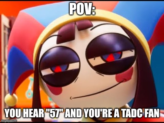 TADC Pomni face | POV:; You hear "57" and you're a TADC fan | image tagged in tadc pomni face | made w/ Imgflip meme maker