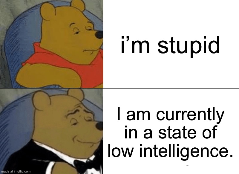 Tuxedo Winnie The Pooh | i’m stupid; I am currently in a state of low intelligence. | image tagged in memes,tuxedo winnie the pooh | made w/ Imgflip meme maker