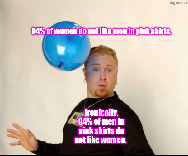 Well then | 94% of women do not like men in pink shirts. Ironically, 94% of men in pink shirts do not like women. | image tagged in balloon man,pink,shirts | made w/ Imgflip meme maker