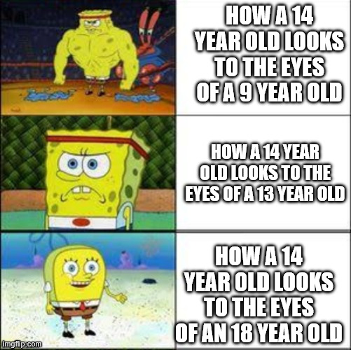 SpongeBob strong to weak | how a 14 year old looks to the eyes of a 9 year old; how a 14 year old looks to the eyes of a 13 year old; how a 14 year old looks to the eyes of an 18 year old | image tagged in spongebob strong to weak | made w/ Imgflip meme maker