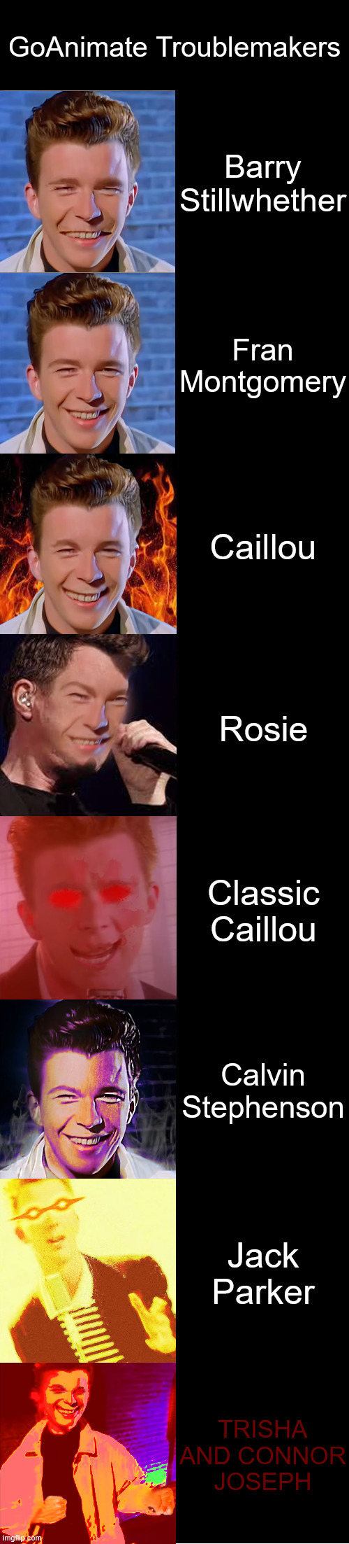 Rick Astley Becoming Evil | GoAnimate Troublemakers; Barry Stillwhether; Fran Montgomery; Caillou; Rosie; Classic Caillou; Calvin Stephenson; Jack Parker; TRISHA AND CONNOR JOSEPH | image tagged in rick astley becoming evil | made w/ Imgflip meme maker
