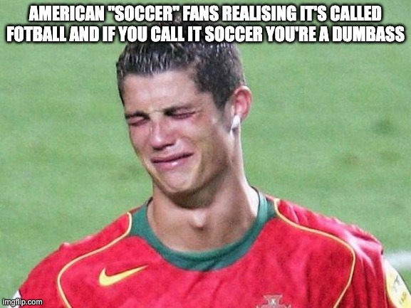 crying | American "soccer" fans realising it's called fotball and if you call it soccer you're a dumbass | image tagged in cristiano ronaldo crying,football,it's called football not soccer,football not soccer | made w/ Imgflip meme maker