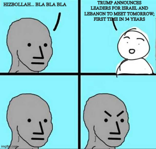 Angry face | Hizbollah... bla bla bla Trump announces leaders for Israel and Lebanon to meet tomorrow; first time in 34 years | image tagged in angry face | made w/ Imgflip meme maker