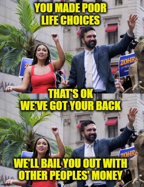 More Leftist Logic | You made poor
life choices; that's ok
We've got your back; We'll bail you out with
other peoples' money | image tagged in webp jpg,leftists | made w/ Imgflip meme maker