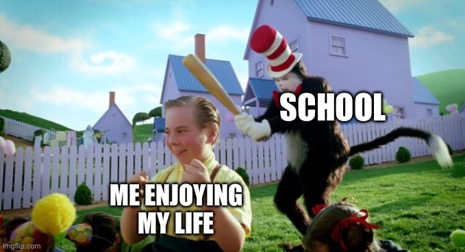 Cat & The Hat | School; Me enjoying my life | image tagged in cat the hat | made w/ Imgflip meme maker