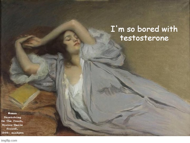 yes | I'm so bored with
testosterone; Woman Stretching On The Couch, Victor-Emile Prouvé, 1899: minkpen | image tagged in art memes,women,men,manosphere,macho,feminist | made w/ Imgflip meme maker