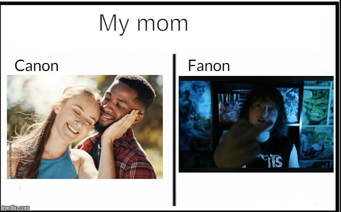 She's not who he thinks this garbage thinks she is. | My mom | image tagged in canon vs fanon characters | made w/ Imgflip meme maker