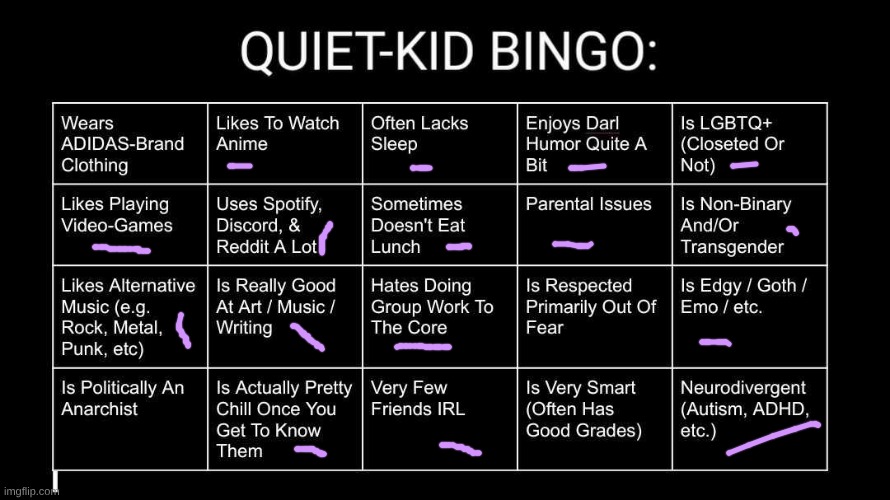 Quiet Kid Bingo | image tagged in quiet kid bingo | made w/ Imgflip meme maker