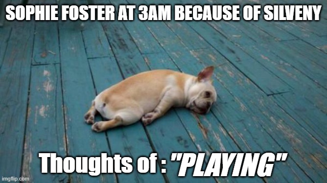 Silveny bro | Sophie Foster at 3am because of Silveny; Thoughts of :; "Playing" | image tagged in tired dog,kotlc | made w/ Imgflip meme maker