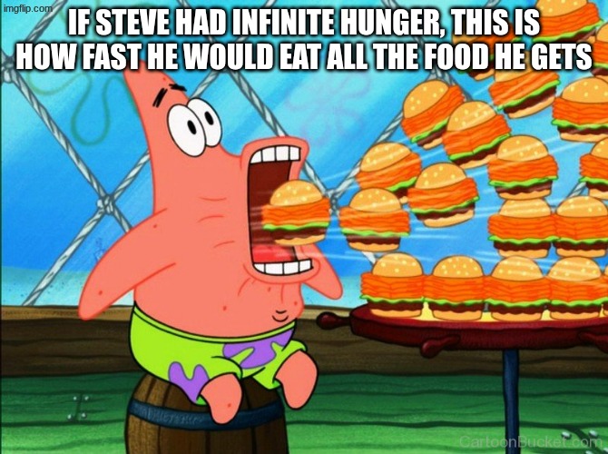 Steve eats a whole chicken in 2 seconds | if Steve had infinite hunger, this is how fast he would eat all the food he gets | image tagged in patrick star eat,speed,eating,minecraft steve | made w/ Imgflip meme maker
