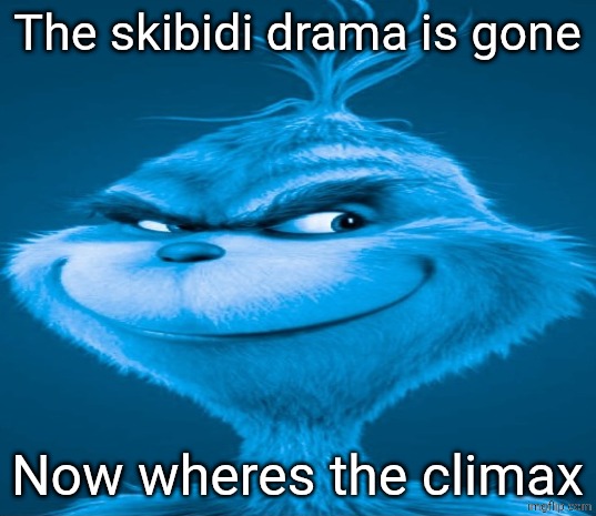 Blue Grinch | The skibidi drama is gone; Now wheres the climax | image tagged in blue grinch | made w/ Imgflip meme maker